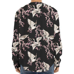 Japanese Crane Bird Pattern Print Long Sleeve Baseball Jersey