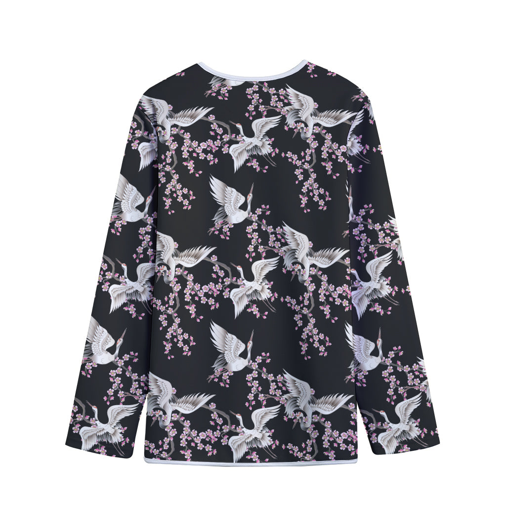 Japanese Crane Bird Pattern Print Long Sleeve Short Coat