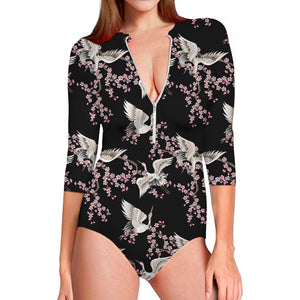 Japanese Crane Bird Pattern Print Long Sleeve Swimsuit