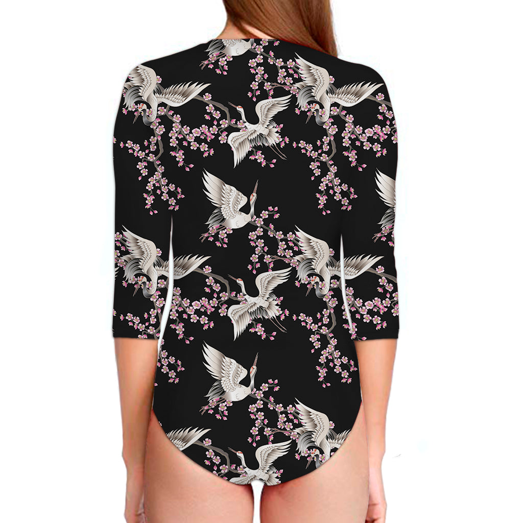 Japanese Crane Bird Pattern Print Long Sleeve Swimsuit