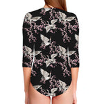 Japanese Crane Bird Pattern Print Long Sleeve Swimsuit