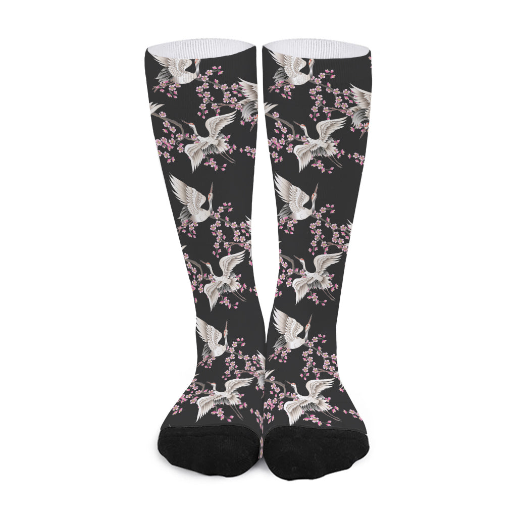 Japanese Crane Bird Pattern Print Long Socks