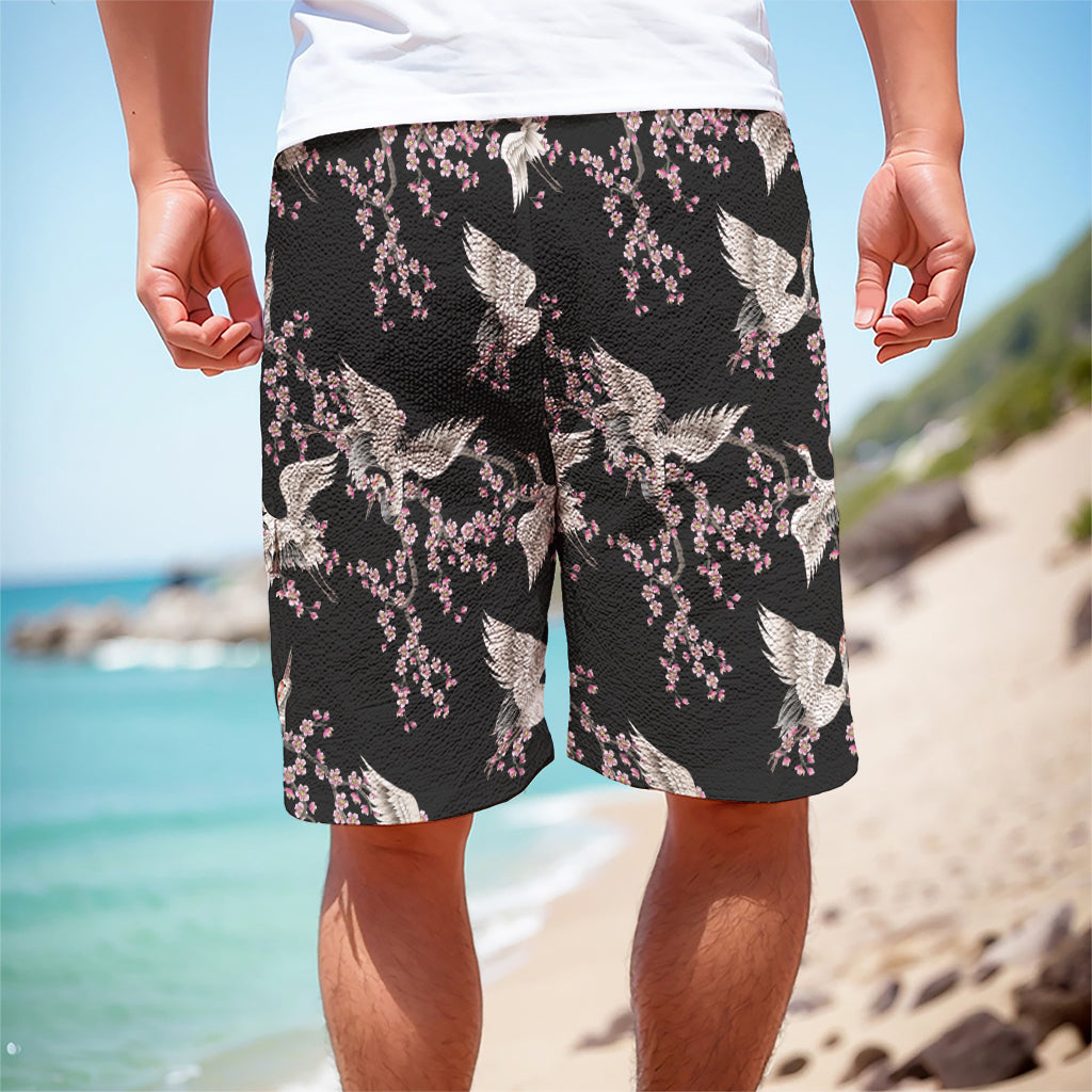 Japanese Crane Bird Pattern Print Men's Cargo Shorts