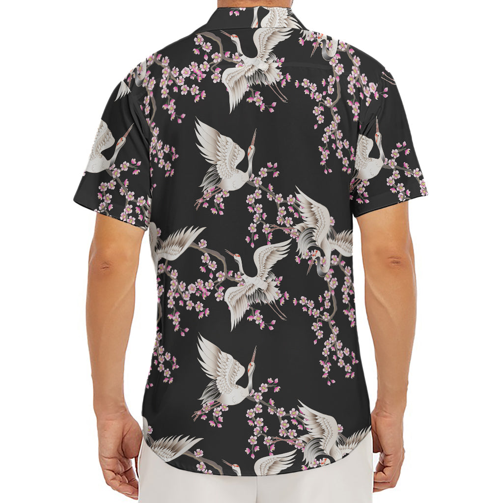 Japanese Crane Bird Pattern Print Men's Deep V-Neck Shirt