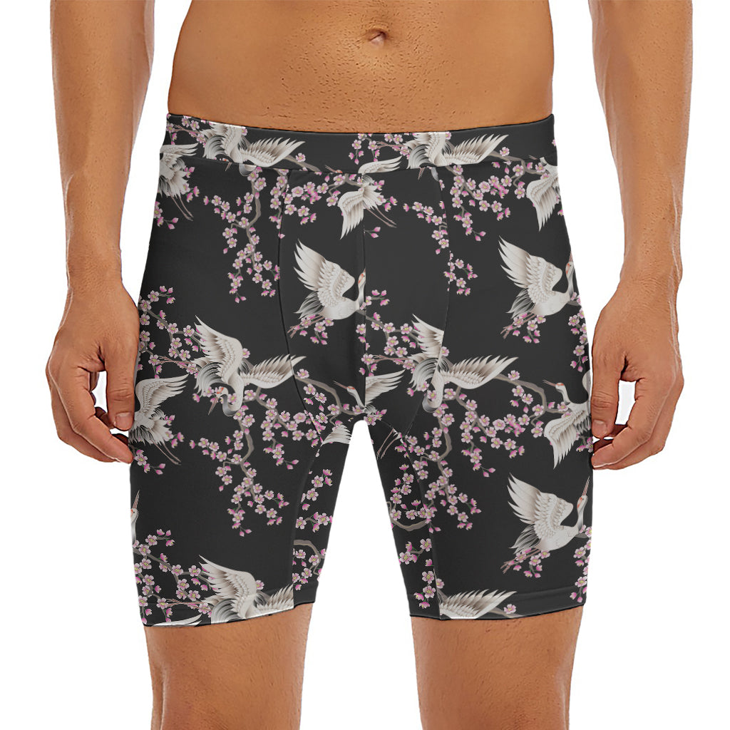 Japanese Crane Bird Pattern Print Men's Long Boxer Briefs