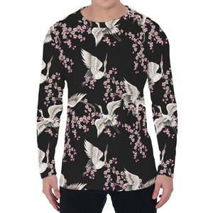 Japanese Crane Bird Pattern Print Men's Long Sleeve T-Shirt