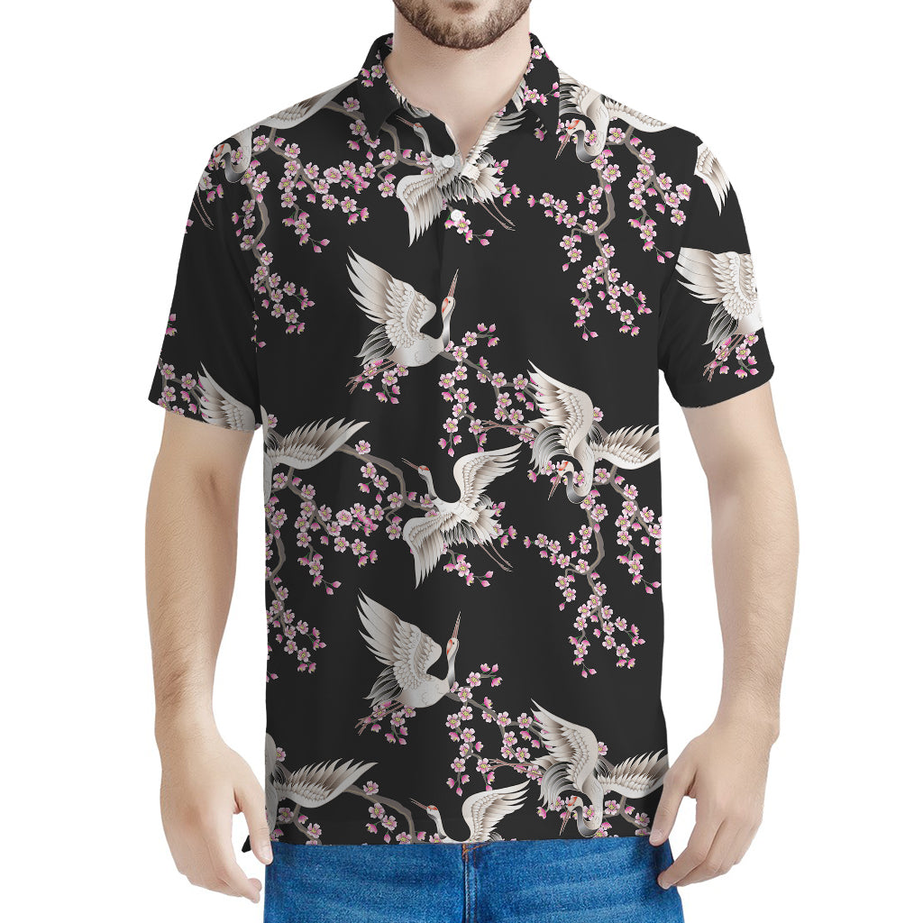 Japanese Crane Bird Pattern Print Men's Polo Shirt