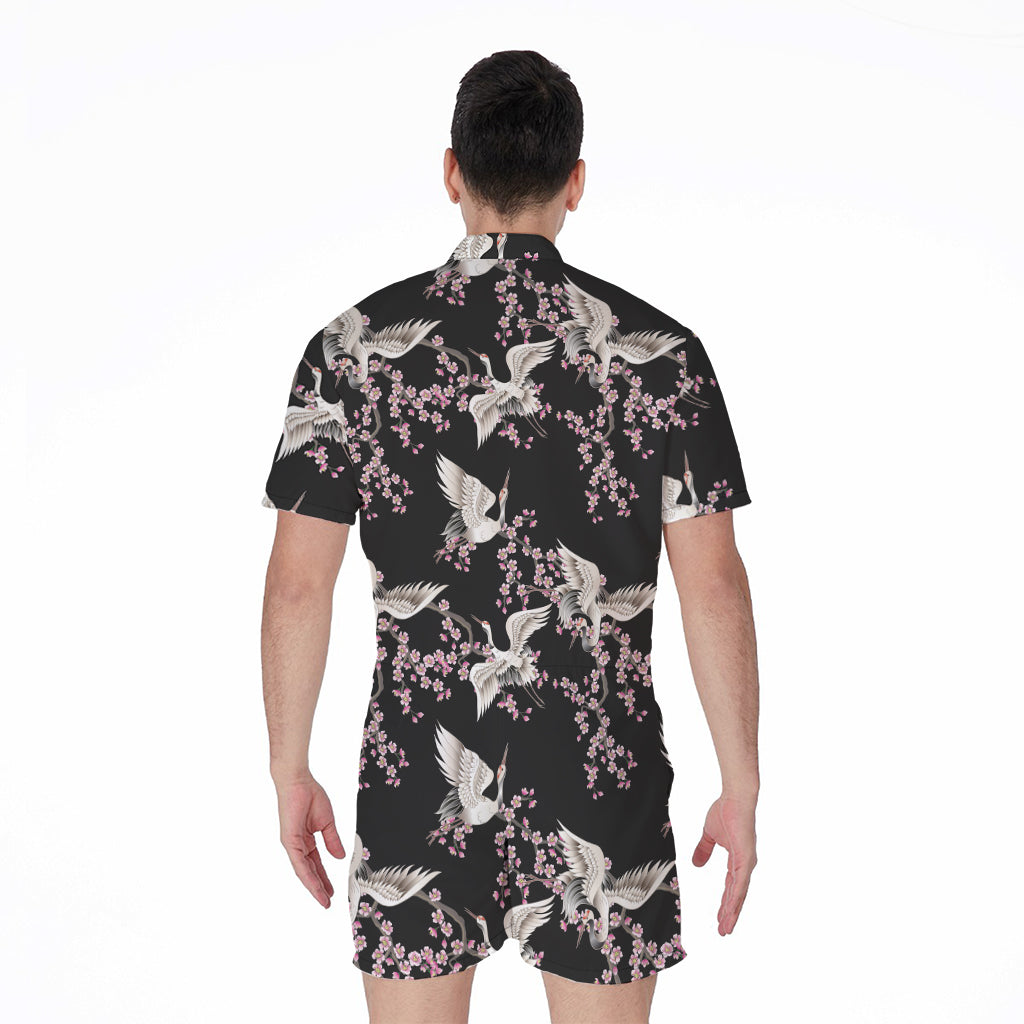 Japanese Crane Bird Pattern Print Men's Rompers