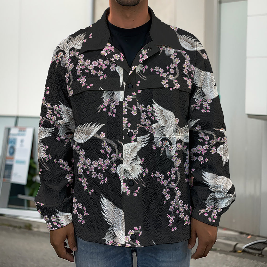 Japanese Crane Bird Pattern Print Men's Shirt Jacket