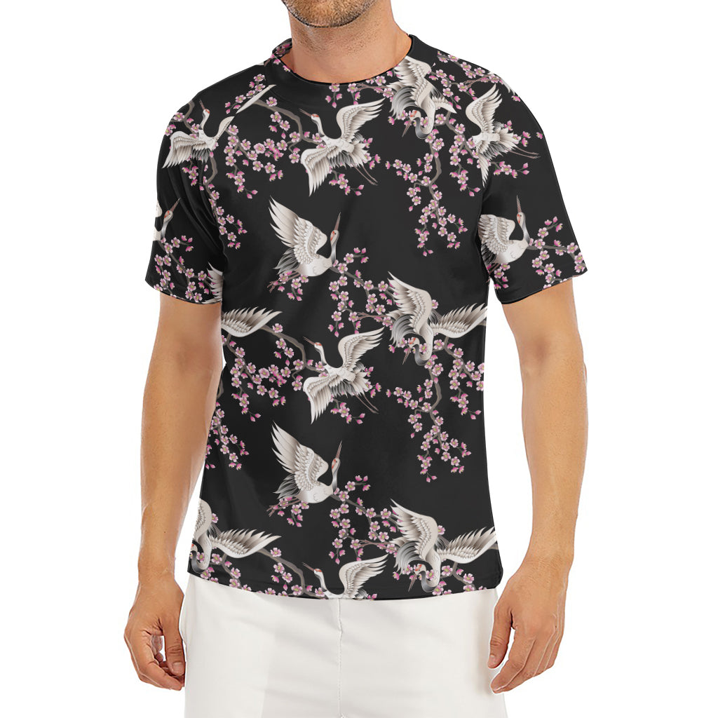 Japanese Crane Bird Pattern Print Men's Short Sleeve Rash Guard