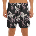 Japanese Crane Bird Pattern Print Men's Split Running Shorts