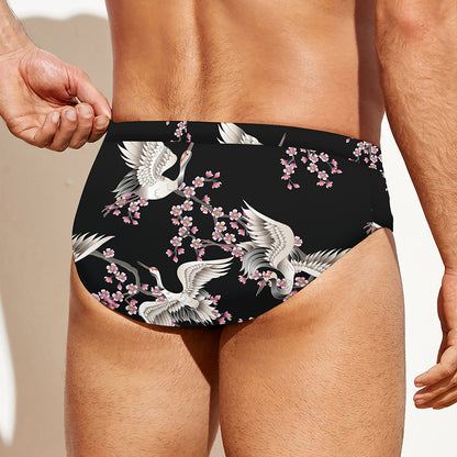 Japanese Crane Bird Pattern Print Men's Swim Briefs