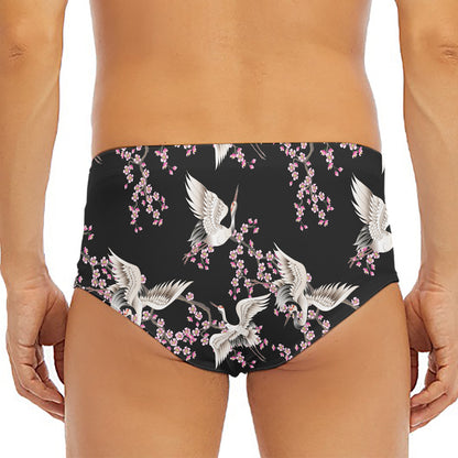 Japanese Crane Bird Pattern Print Men's Triangle Swim Briefs