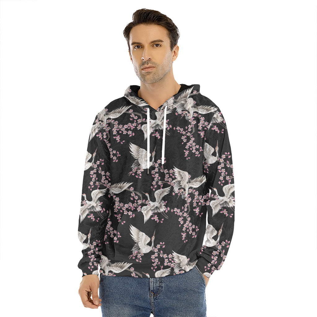 Japanese Crane Bird Pattern Print Men's Velvet Pullover Hoodie