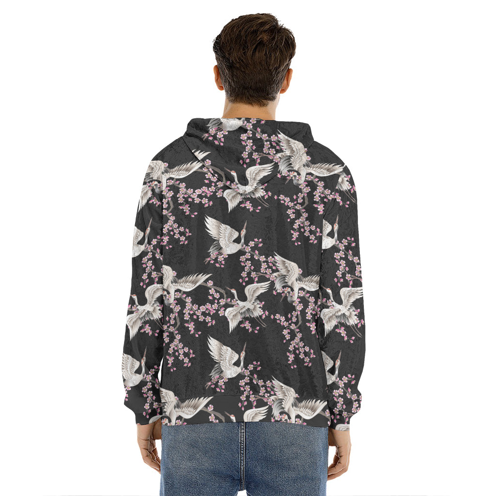 Japanese Crane Bird Pattern Print Men's Velvet Pullover Hoodie