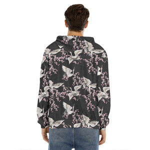 Japanese Crane Bird Pattern Print Men's Velvet Pullover Hoodie