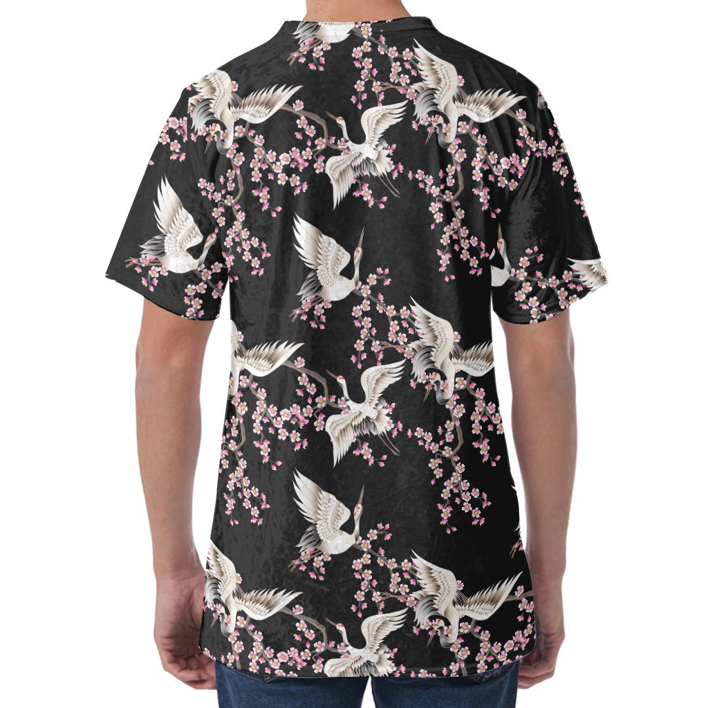 Japanese Crane Bird Pattern Print Men's Velvet T-Shirt