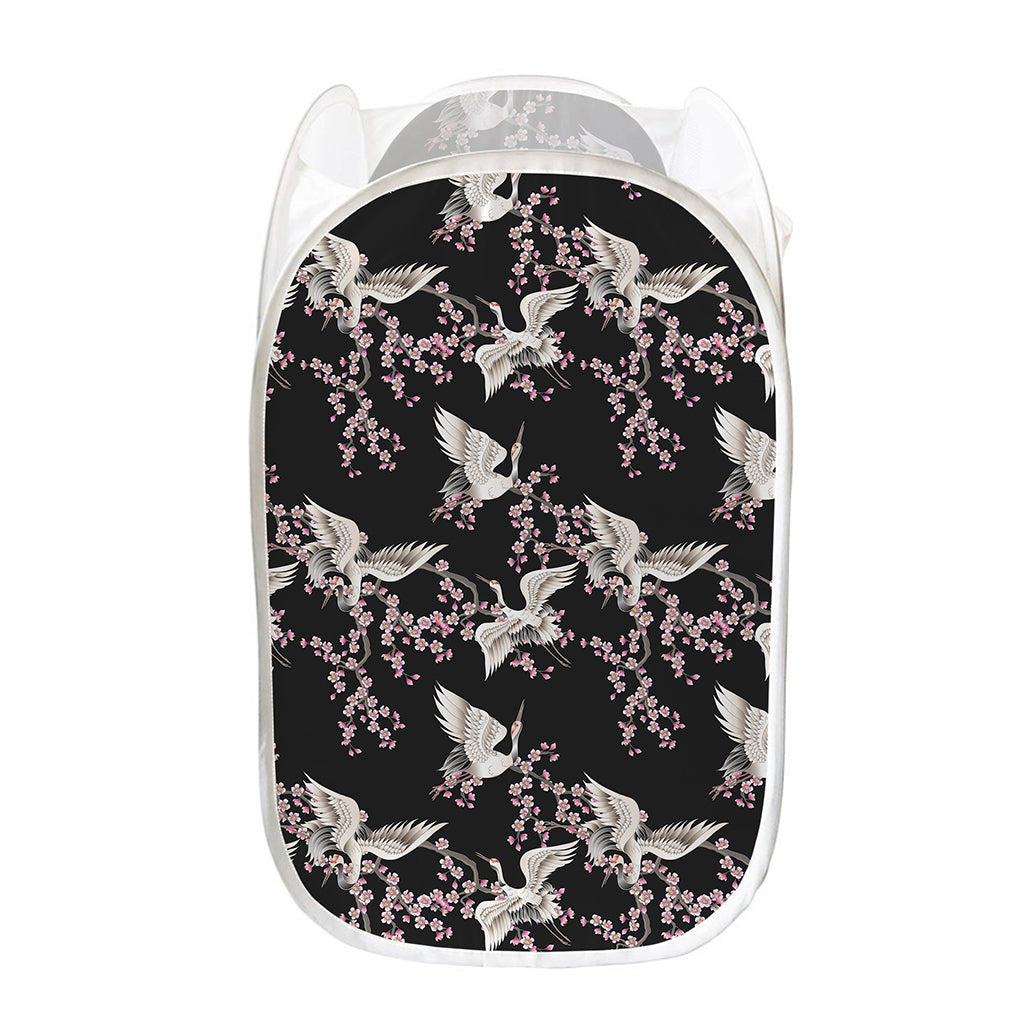 Japanese Crane Bird Pattern Print Mesh Laundry Hamper