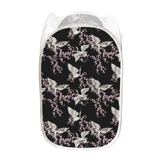 Japanese Crane Bird Pattern Print Mesh Laundry Hamper