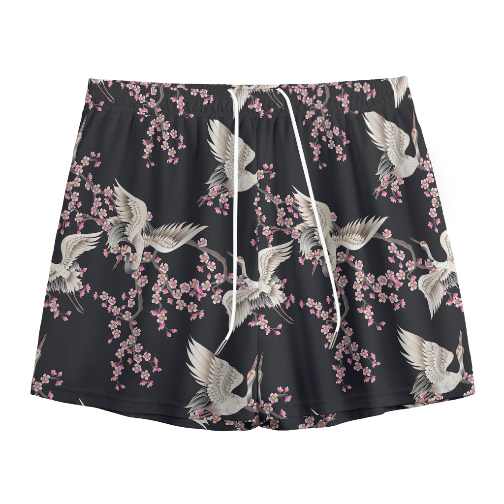 Japanese Crane Bird Pattern Print Mesh Shorts