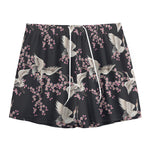 Japanese Crane Bird Pattern Print Mesh Shorts