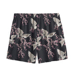 Japanese Crane Bird Pattern Print Mesh Shorts