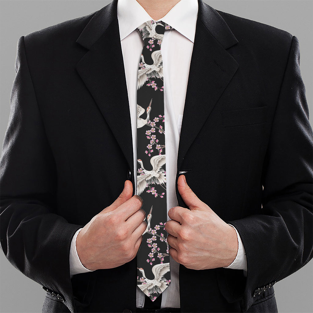 Japanese Crane Bird Pattern Print Necktie