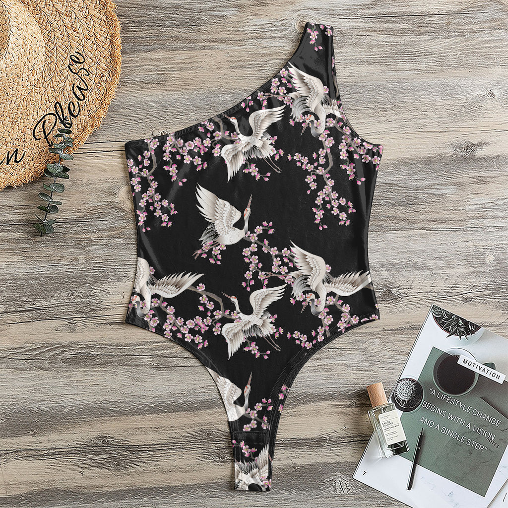 Japanese Crane Bird Pattern Print One Shoulder Bodysuit