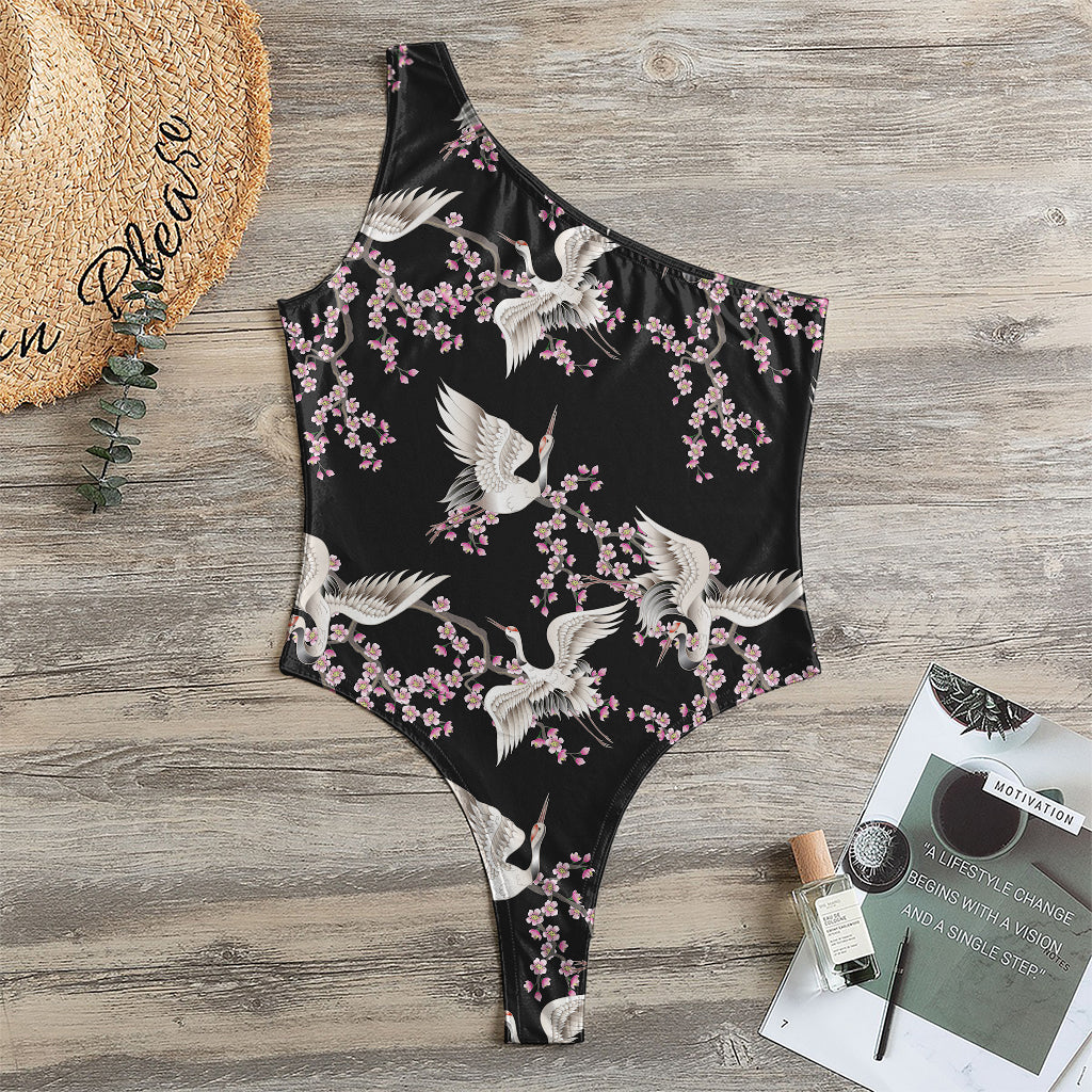 Japanese Crane Bird Pattern Print One Shoulder Bodysuit