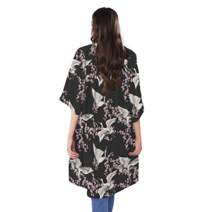 Japanese Crane Bird Pattern Print Open Front Beach Cover Up