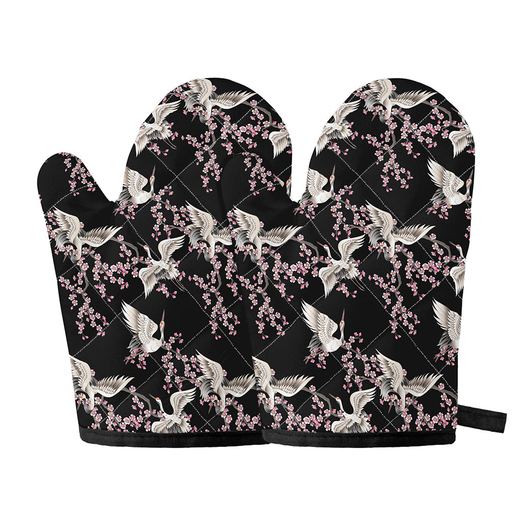 Japanese Crane Bird Pattern Print Oven Mitts