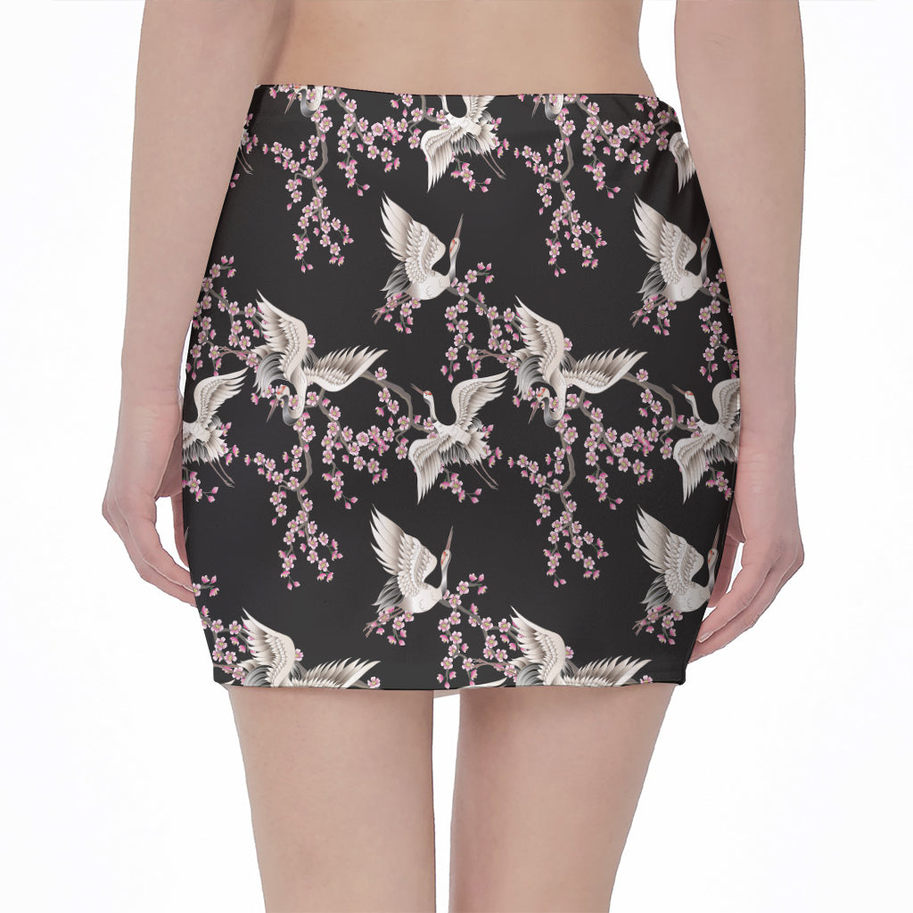 Japanese Crane Bird Pattern Print Pencil Mini Skirt