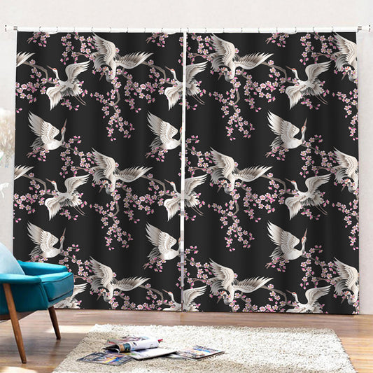 Japanese Crane Bird Pattern Print Pencil Pleat Curtains