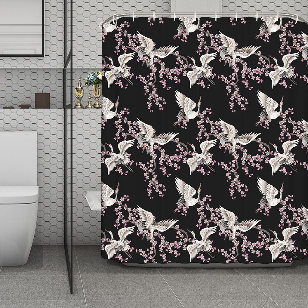 Japanese Crane Bird Pattern Print Polyester Shower Curtain