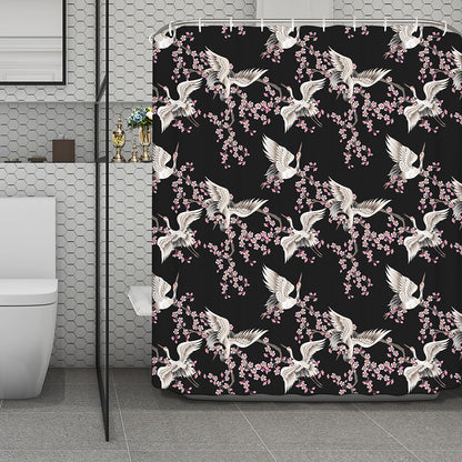 Japanese Crane Bird Pattern Print Polyester Shower Curtain