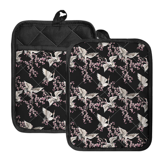 Japanese Crane Bird Pattern Print Pot Holders With Pocket
