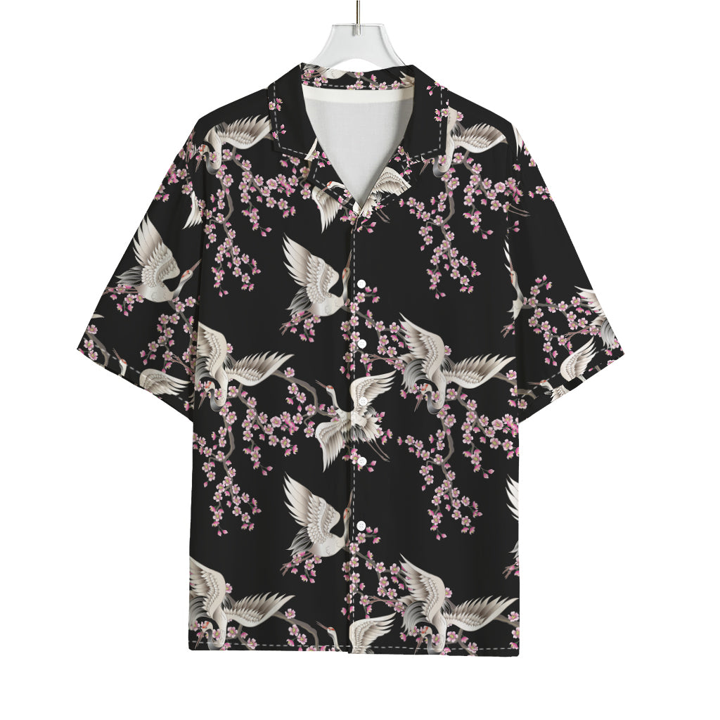 Japanese Crane Bird Pattern Print Rayon Hawaiian Shirt