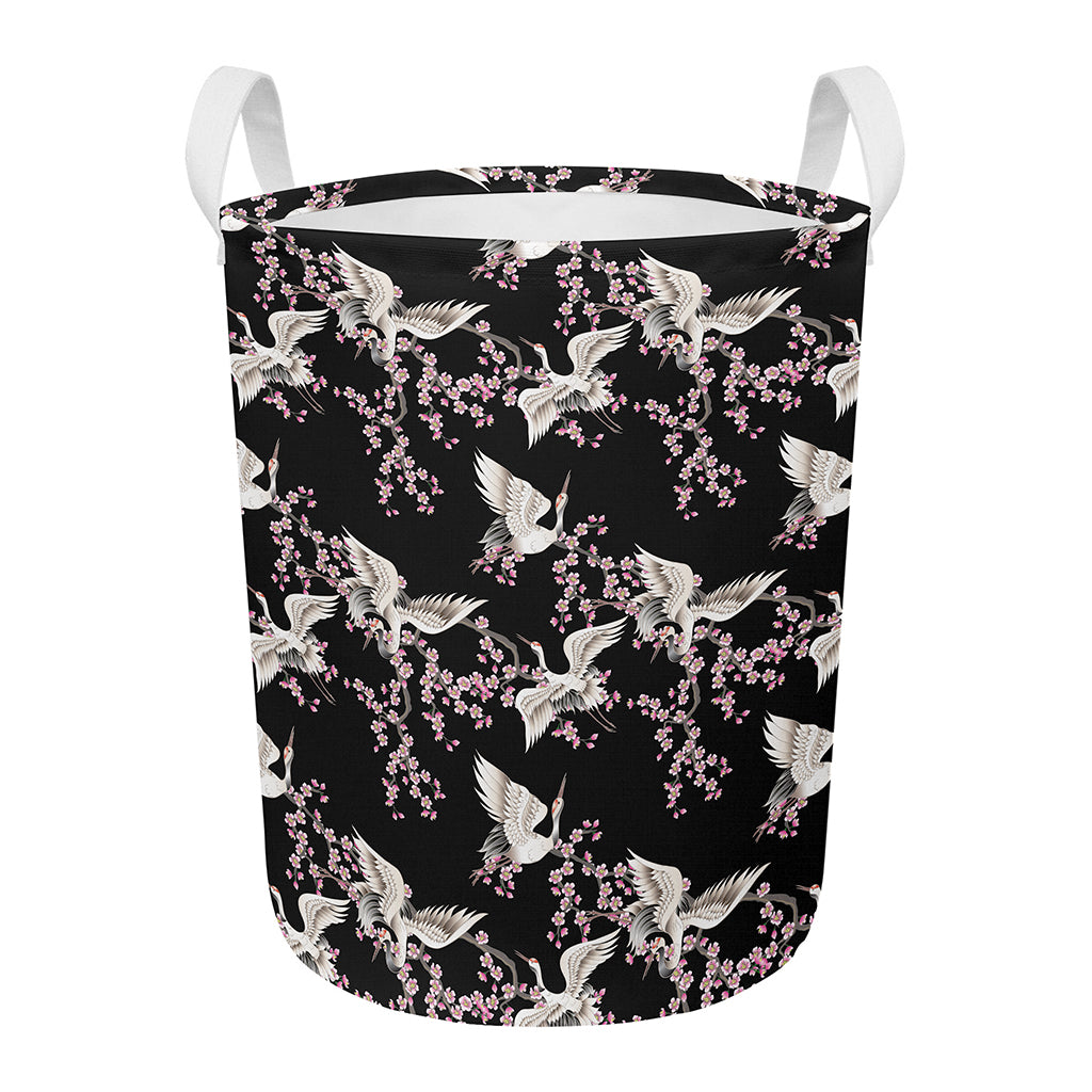 Japanese Crane Bird Pattern Print Round Laundry Basket