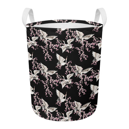 Japanese Crane Bird Pattern Print Round Laundry Basket