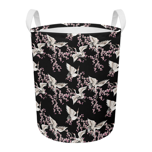 Japanese Crane Bird Pattern Print Round Laundry Basket