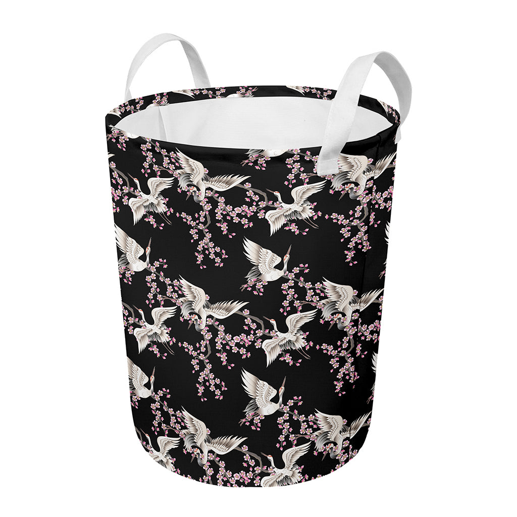 Japanese Crane Bird Pattern Print Round Laundry Basket