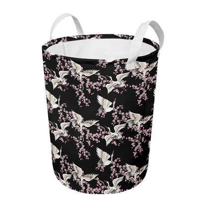 Japanese Crane Bird Pattern Print Round Laundry Basket
