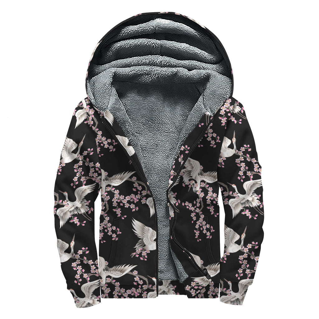 Japanese Crane Bird Pattern Print Sherpa Lined Zip Up Hoodie