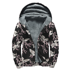 Japanese Crane Bird Pattern Print Sherpa Lined Zip Up Hoodie