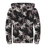 Japanese Crane Bird Pattern Print Sherpa Lined Zip Up Hoodie