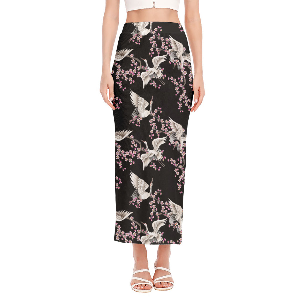 Japanese Crane Bird Pattern Print Side Slit Maxi Skirt