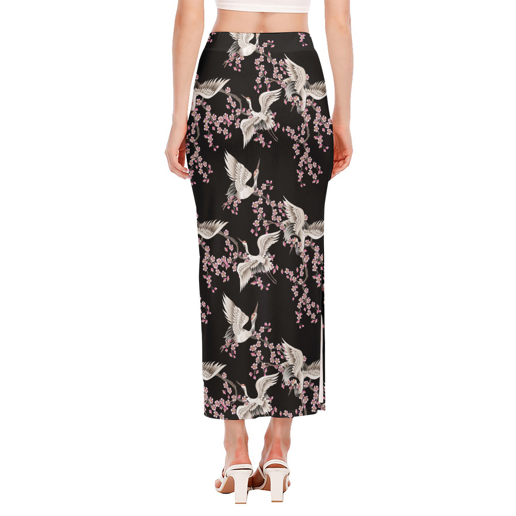 Japanese Crane Bird Pattern Print Side Slit Maxi Skirt