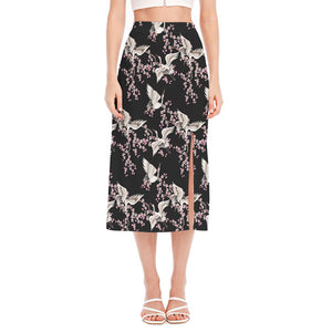 Japanese Crane Bird Pattern Print Side Slit Midi Skirt