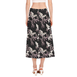 Japanese Crane Bird Pattern Print Side Slit Midi Skirt