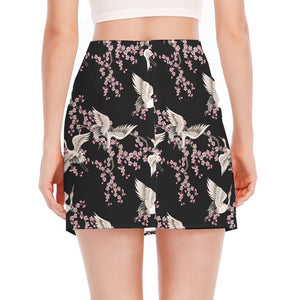 Japanese Crane Bird Pattern Print Side Slit Mini Skirt